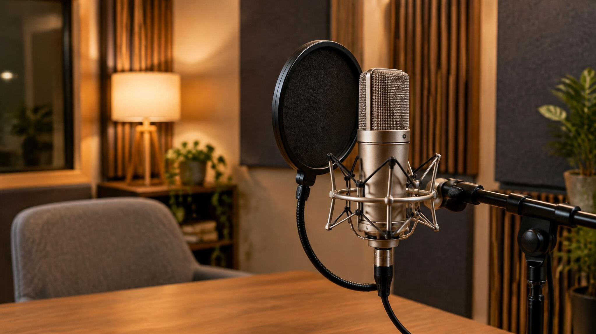 Studio microphone with pop filter in a recording room