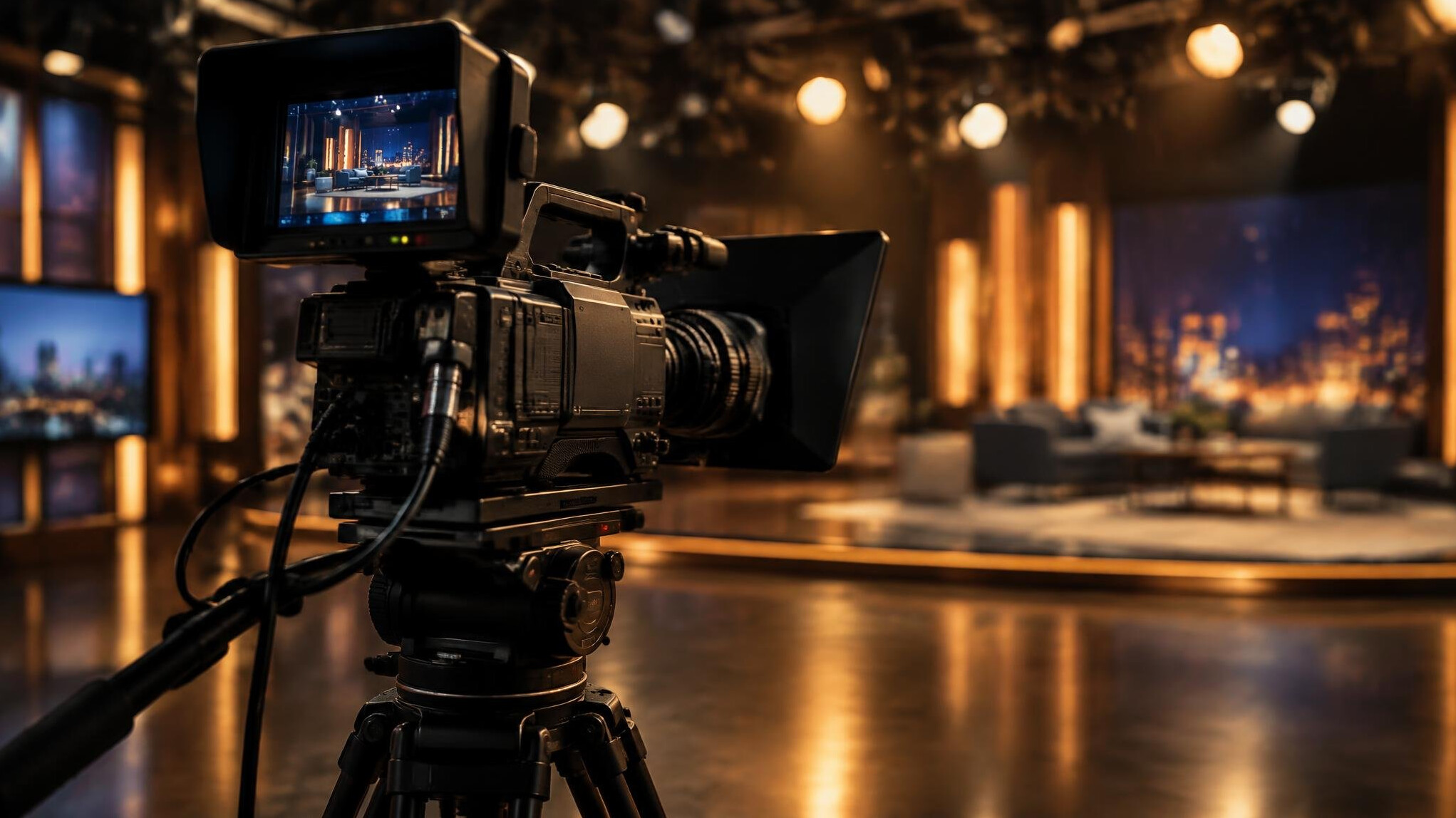Professional cinema camera on a tripod in a dark TV studio